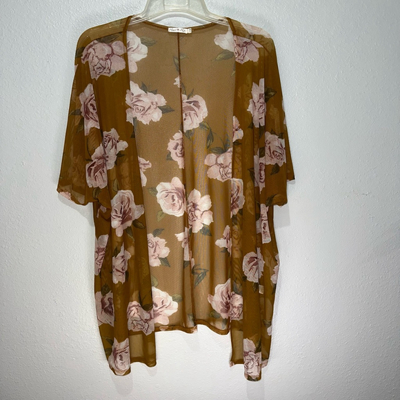 Heart Hips Sweaters - Heart Hips Women’s Kimono Medium Brown Floral Sheer Cardigan
